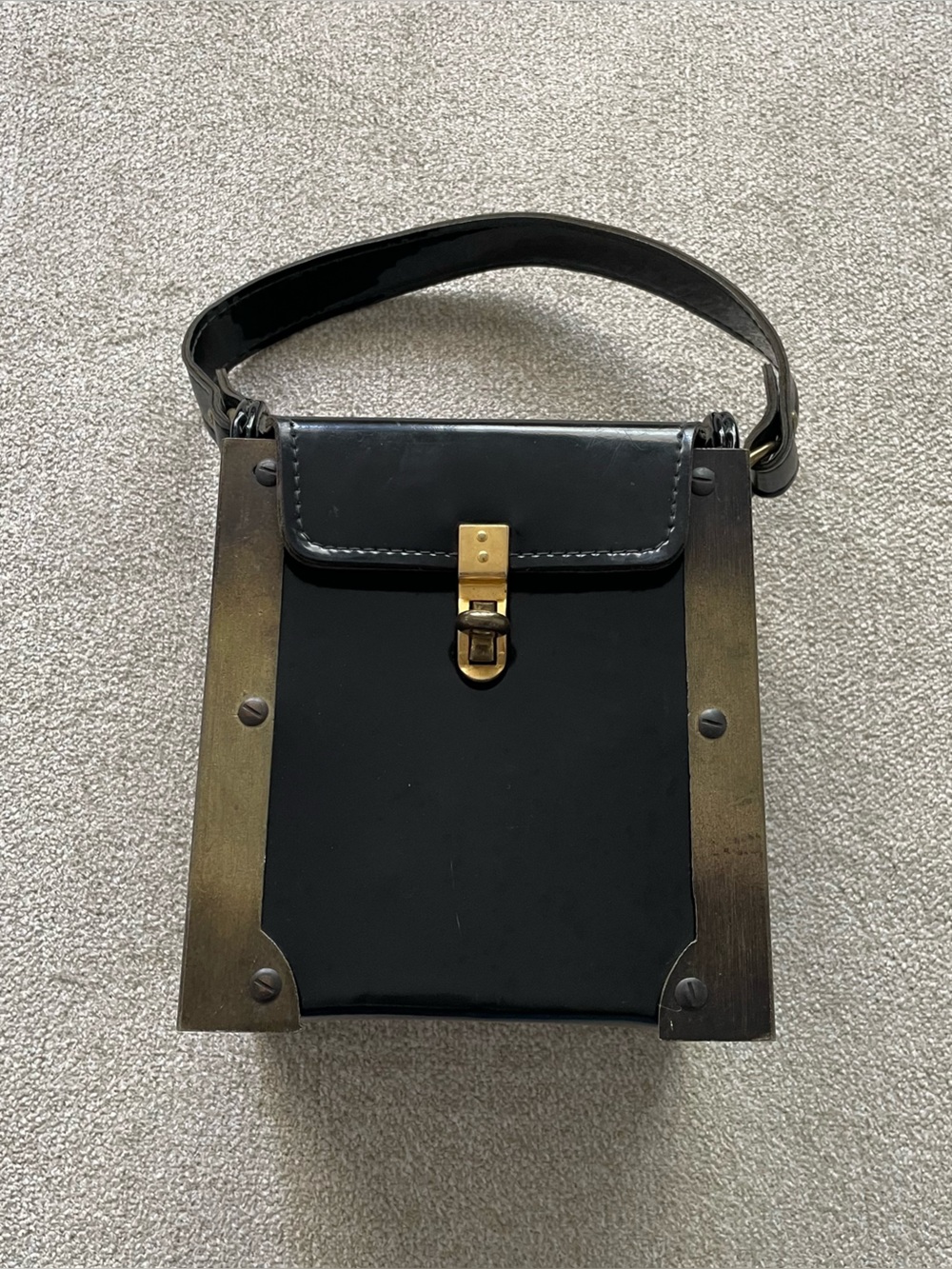 Vintage 1960s Jaclyn USA Black Leather Handbag – Architectural Brass Accent Box